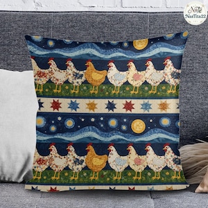 May include: A square throw pillow featuring a repeating pattern of chickens in rows against a dark blue background. The design includes horizontal bands of stars, wavy lines, and yellow circular shapes. The chickens are white, brown, and floral.
