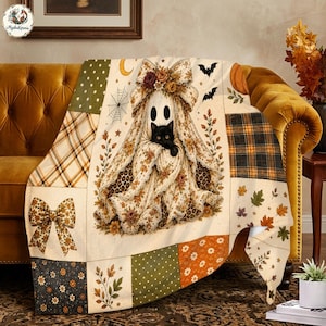 Coquette Ghost Black Cat Blanket, Floral Patchwork Throw, Cute Spooky Halloween Blanket, Cottagecore Fall Decor Gift