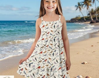 Watercolor Bird Dress for Girls, Kids Summer Beach Sundress, Cute Birds Toddler Dress, Birthday Gift for Girl, Toddler Floral Outfit