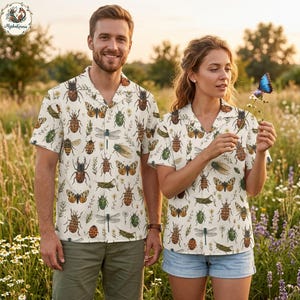 May include: Two short-sleeved button-down shirts featuring an all-over print of various insects, including beetles, butterflies, dragonflies, and grasshoppers, set against a cream-colored background with small floral accents and notched collars.