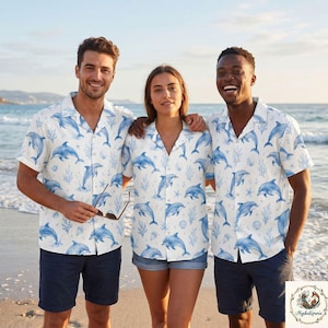 Dolphin Hawaiian Shirt, Tropical Dolphin Aloha Shirt, Ocean Beach Vacation Button Up, Palm Leaf Summer Shirt, Marine Life Gift for Men Women
