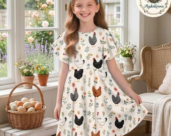 Girls Chicken Farm Dress, Cute Farm Animal Twirl Dress for Kids, Rustic Country Summer Outfit, Flutter Sleeve Dress for Girls