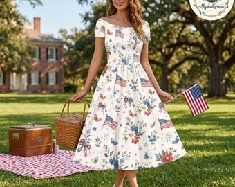 Patriotic Flower and Butterfly Dress, Elegant White USA Flag Sundress, Women’s 4th of July Party Outfit, Vintage Americana Summer Dress