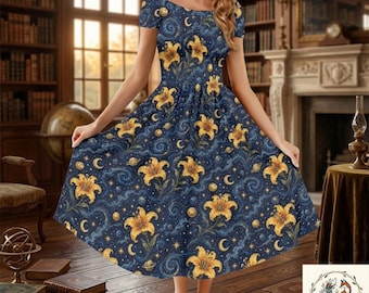 Celestial Floral Midi Dress, Sun Moon Star Print Dress, Navy Blue Boho Swing Dress.