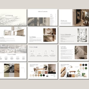 Op de afbeelding: Een presentatie-indeling met meerdere dia's. De dia's bevatten tekst zoals "Interior Concept Presentation", "Table of Contents", "About Us", "Our Vision", "Project Goals", "Project Scope", "Concept Narrative" en "Moodboard". Het kleurenpalet is neutraal.