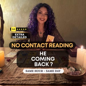 Op de afbeelding: Een tarotkaartleesservice met de tekst 5.0 stars, EXTRA DETAILED, NO CONTACT READING, HE COMING BACK? en SAME HOUR - SAME DAY. De scène toont tarotkaarten verspreid over een doek, een schaal met kristallen en brandende kaarsen.