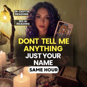 May include: A person with dark curly hair holds a tarot card featuring the High Priestess. Text overlays read IN-DEPTH READING, NO AI READING, DONT TELL ME ANYTHING JUST YOUR NAME, and SAME HOUR. White candles and a wooden tarot box are visible.