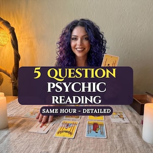 May include: A psychic reading service featuring a dark purple rectangular overlay with the white and yellow text 5 QUESTION PSYCHIC READING SAME HOUR - DETAILED. Several tarot cards are spread out on a light-colored linen fabric surface.