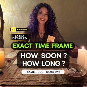 May include: A person with curly purple hair sits at a table with tarot cards, candles, and crystals. Text overlays read: 5.0, EXTRA DETAILED, EXACT TIME FRAME, HOW SOON? HOW LONG?, and SAME HOUR - SAME DAY. The scene includes a deck of cards.