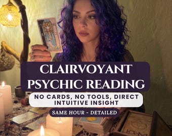 Może przedstawiać: Obraz kobiety z fioletowymi włosami trzymającej kartę tarota. Tekst na obrazie brzmi "CLAIRVOYANT PSYCHIC READING" z "NO CARDS, NO TOOLS, DIRECT INTUITIVE INSIGHT" i "SAME HOUR - DETAILED".