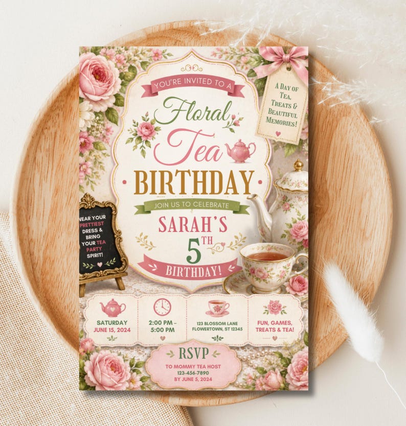 Floral Tea Birthday Invitation Template, Garden Tea Party Invite ...