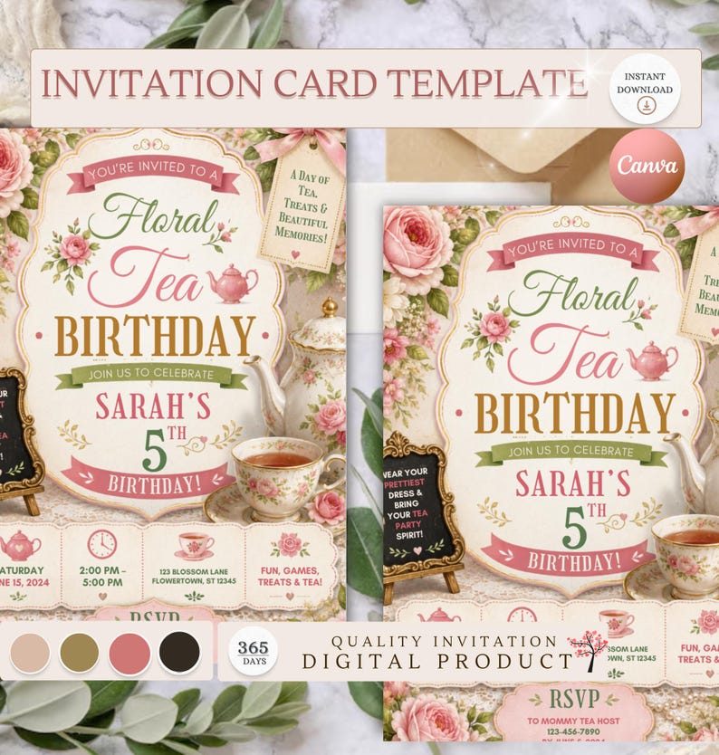 Floral Tea Birthday Invitation Template, Garden Tea Party Invite ...