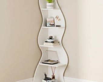 Modern Corner Shelf 5 Tier – White Corner Bookshelf, Small Space Storage Unit, Decorative Plant Stand, Minimalist Corner Organizer