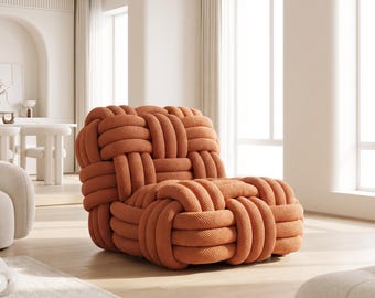 Custom Nordic Lounge Chair Handwoven Chenille Accent Chair Minimalist Upholstered Armchair for Living Room Reading Corner