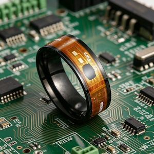 Puede incluir: Un anillo negro con una incrustación de placa de circuito flexible de color ámbar, con trazas de cobre visibles, componentes electrónicos y el texto "Pure" impreso en blanco sobre la superficie de la banda con un diseño técnico.