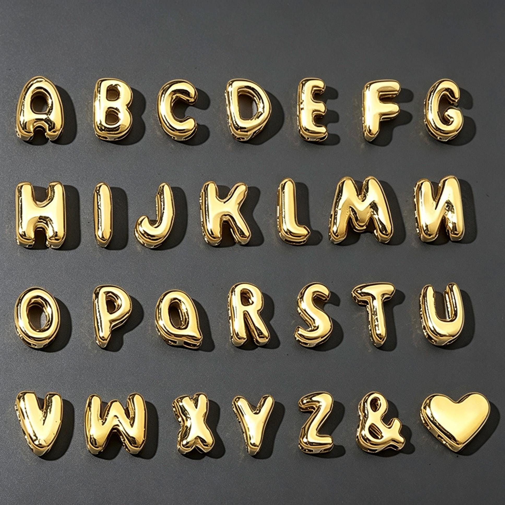 14K Gold Plated 316L Stainless Steel Puffy Bubble Letter Beads A-Z Heart & Symbol Charms for DIY Personalized Name Jewelry Making