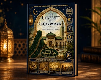 May include: A hardcover book titled "The University of Al-Qarawiyyin" with a detailed illustration of a mosque and a woman in a green hijab. The book is a coloring book for ages 8+ and is about history, faith, and knowledge.