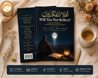 May include: A journal titled "Will You Not Reflect?" with a dark blue cover featuring a person gazing at a full moon. The journal includes text in Arabic and English, with additional text on the spine. A lit candle, a cup of coffee, and a gold pen are also visible.