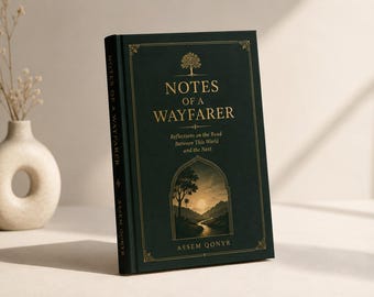 May include: A dark green hardcover book titled Notes of a Wayfarer: Reflections on the Road Between This World and the Next by Assem Qonyr. The cover features gold foil lettering, a tree icon, and an arched illustration of a sunset landscape.