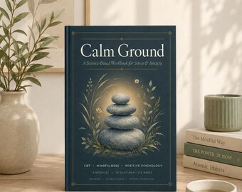 May include: A hardcover workbook titled "Calm Ground" with the subtitle "A Science-Based Workbook for Stress & Anxiety." The cover features a stack of stones and botanical illustrations. Additional books and a mug are visible.