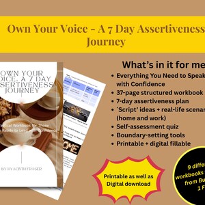 Puede incluir: Un libro de trabajo titulado "Own Your Voice, A 7 Day Assertiveness Journey" con una taza de café en la portada. La imagen incluye una lista de características, incluyendo un libro de trabajo de 37 páginas y un plan de asertividad de 7 días. También se mencionan las descargas digitales.
