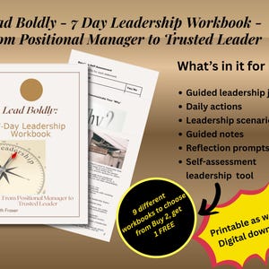 May include: A leadership workbook titled "Lead Boldly: 7-Day Leadership Workbook" with a compass graphic. The workbook promises a guided leadership journey, daily actions, and self-assessment tools. The image also includes a promotional offer for digital downloads.