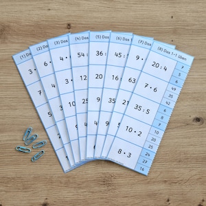 Könnte beinhalten: Ein Set aus acht hellblauen Lernstreifen für Mathematik, die fächerförmig angeordnet sind und Multiplikations- sowie Divisionsaufgaben mit dem Text Das 1x1 üben enthalten. Links daneben liegen vier kleine blaue Metall-Büroklammern.