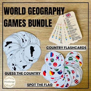 Op de afbeelding: Een wereldgeografie spellenbundel bestaande uit witte ronde kaarten met zwarte landensilhouetten, ronde kaarten met gekleurde nationale vlaggen en een waaiervormig pakket witte flitskaarten met feiten over diverse landen.
