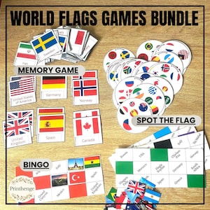 May include: A World Flags Games Bundle featuring a memory game with square flag cards, a spot the flag game with circular cards, and bingo cards with country names and landmarks. The set includes various colourful national flags and game boards.