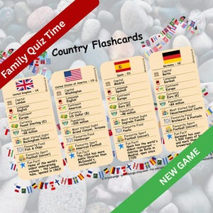Può includere: Un gioco a quiz per famiglie con schede dei paesi. Le schede mostrano bandiere e informazioni su Regno Unito, Stati Uniti, Spagna e Germania. Include capitali, lingue e valute.
