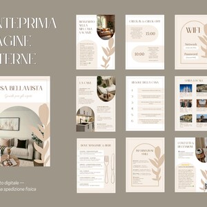 May include: A digital product showcasing interior design pages for Casa Bellavista. The pages feature a neutral color palette with text in Italian, including information on check-in/out times, Wi-Fi details, and local guides. The design includes decorative leaf elements.