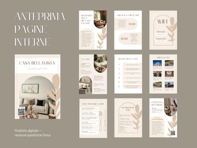 May include: A digital product showcasing interior design pages for Casa Bellavista. The pages feature a neutral color palette with text in Italian, including information on check-in/out times, Wi-Fi details, and local guides. The design includes decorative leaf elements.