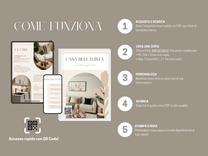 May include: A digital guide titled "Casa Bellavista" is displayed on a tablet, phone, and printed document. The guide features interior design images and instructions. The image includes a QR code for quick access and numbered steps for use.