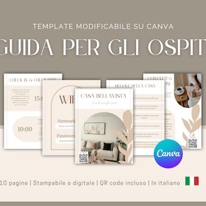 Può includere: Una guida beige e bianca per gli ospiti, con il titolo "GUIDA PER GLI OSPITI" a grandi lettere. La guida include pagine con informazioni su check-in, Wi-Fi, regole della casa e contatti. Il logo Canva è visibile.