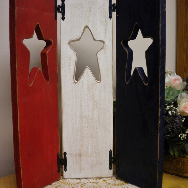 Patriotic Shutters, Red White Blue Painted Wood Shutters, Hinged Shutters with Stars