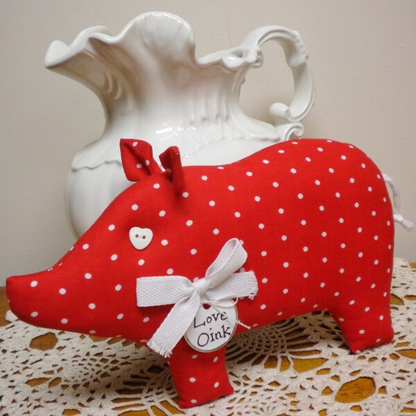 Valentine's Day Pig Pillow, Red & White Dot Fabric Valentine's Day Pig, Valentine's Day Decor