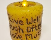 Gold Grubby Tea Light Pillar Candle, Live Laugh Love Candles, Handmade Candles, Primitive Sentiment Candles