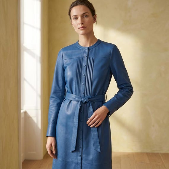 blue faux leather dress Midi with Belt | Long Sleeve Button Up Pleated Trench Coat Dress Dress shop