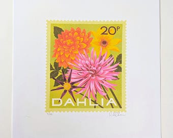 New | Mini Riso Print, Dahlia Stamp