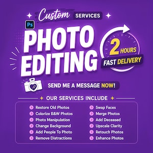 Edición personalizada de fotos con Photoshop: restauración, retoque, colorización, añadir personas, intercambio de rostros, cambio de fondo (servicio digital).