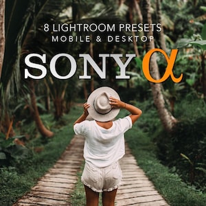 May include: A digital collection of 8 Lightroom presets for mobile and desktop, labeled 8 LIGHTROOM PRESETS MOBILE & DESKTOP SONY ALPHA, featuring a person wearing a white t-shirt, light-colored shorts, and a wide-brimmed hat on a path.
