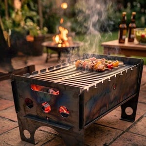 Può includere: Una griglia per barbecue in metallo scuro con forma rettangolare e superficie di cottura a fessure. Spiedini di verdure e carne grigliate sono sulla griglia. Il fumo sale dalla griglia e sullo sfondo c'è un braciere.