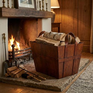 Könnte beinhalten: Ein brauner Leder-Holzkorb, gefüllt mit Brennholz, steht auf einem Steinkamin vor einem brennenden Kamin. Der Korb hat zwei Griffe und ist rechteckig. Kaminwerkzeuge und zusätzliches Brennholz befinden sich in der Nähe.