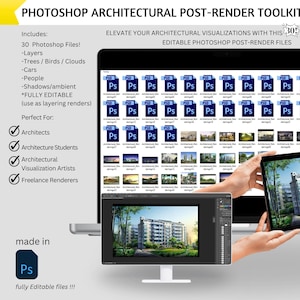 May include: A digital toolkit for architectural visualization containing 30 editable Photoshop files. The display shows a collection of PSD icons, a computer monitor, and a tablet screen, each featuring a rendered image of a multi-story building.