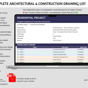 May include: A laptop displays a "RESIDENTIAL PROJECT" document, a complete architectural and construction drawing list. The screen shows phases, sheet counts, and project details. The image includes text: "COMPLETE ARCHITECTURAL & CONSTRUCTION DRAWING LIST".