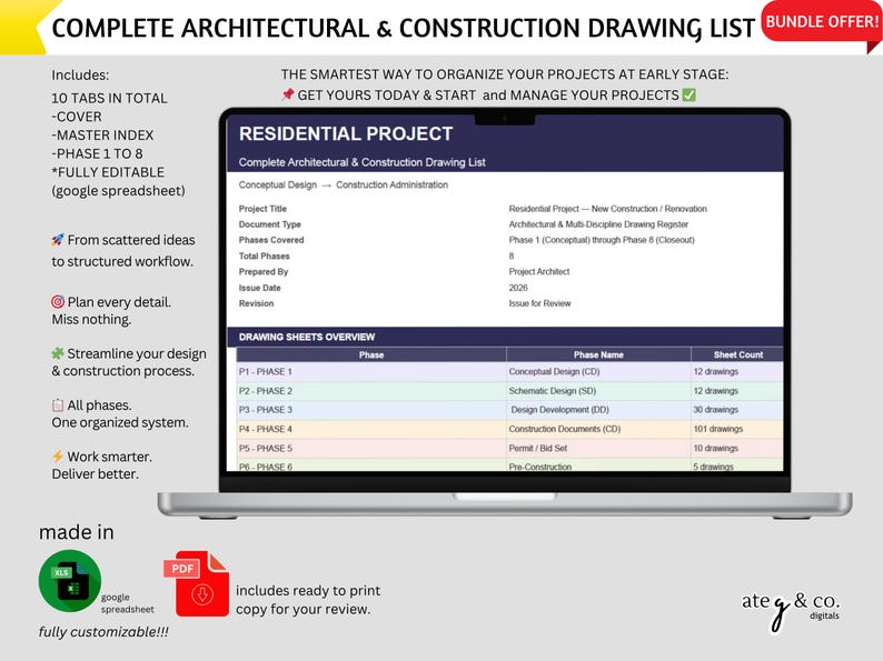 Architectural Drawing List & Gantt Chart Template (google Sheets) - Etsy