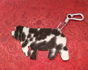 Genuine Calf Hide Embossed Leather Spotted Show Pig Key Chain Purse Charm Free Shipping MADE IN USA
