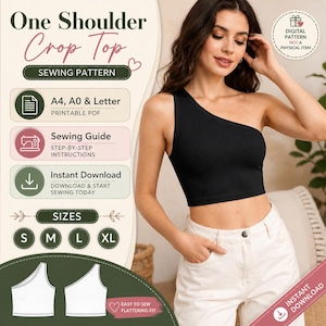 Könnte beinhalten: Schwarzes One-Shoulder-Crop-Top. Das Bild zeigt auch ein Schnittmuster für ein One-Shoulder-Crop-Top mit dem Text "One Shoulder Crop Top Sewing Pattern". Das Muster beinhaltet die Größen S, M, L und XL und ist ein Sofort-Download.