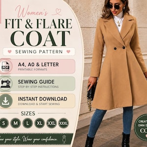 Puede incluir: Un patrón de costura digital para un abrigo color canela con corte acampanado. La imagen muestra texto que incluye Women's Fit & Flare Coat, Sewing Pattern, A4, A0 & Letter, Sewing Guide, Instant Download y tallas de la XS a la XXXL.