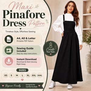 May include: A black maxi pinafore dress pattern with the text "Maxi Pinafore Dress Pattern". The pattern includes a sewing guide and is available in sizes XS to XXXL. The design is beginner-friendly and designed for comfort and style.